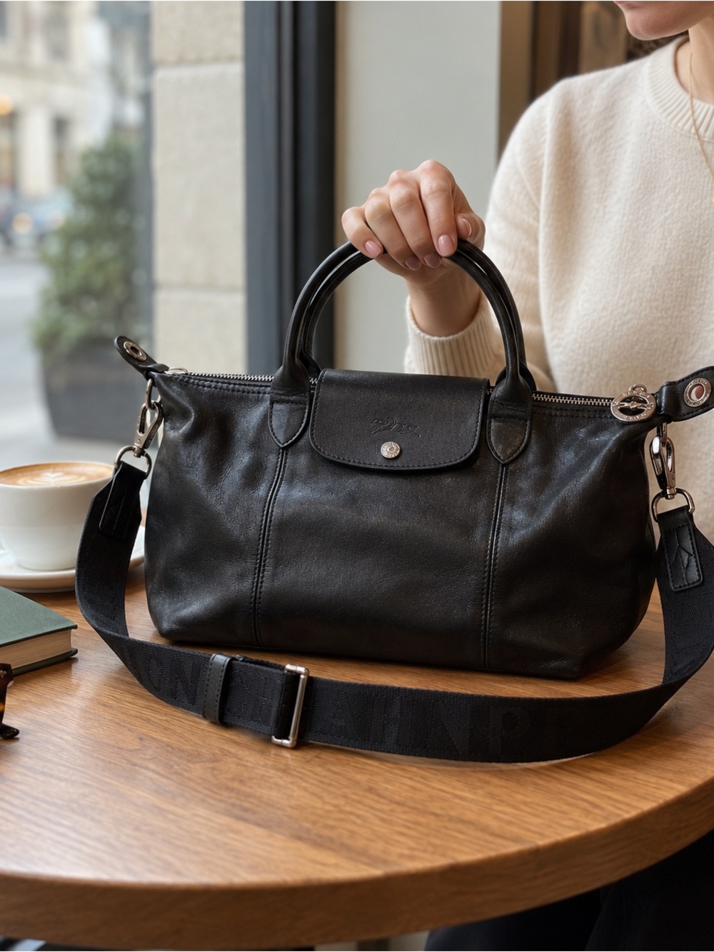 Longchamp Le Pliage Cuir Black Leather Handbag Crossbody + 2 Straps